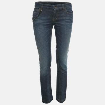 Pre Owned Gucci Blue Faded Denim Chain Detail Skinny Jeans S Waist 28"
