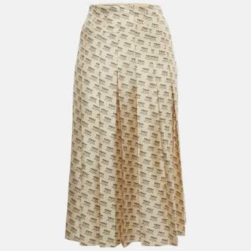 Pre Owned Gucci Beige Stamp Print Silk Pleated Midi Skirt S