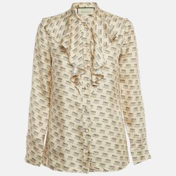 Pre Owned Gucci Beige Logo Stamp Print Ruffled Shirt S