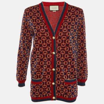 Pre Owned Gucci Blue/Red Horsebit Lurex Knit Button Front Cardigan L