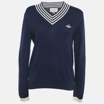 Pre Owned Gucci Navy Blue Wool Knit V-Neck Sweater S