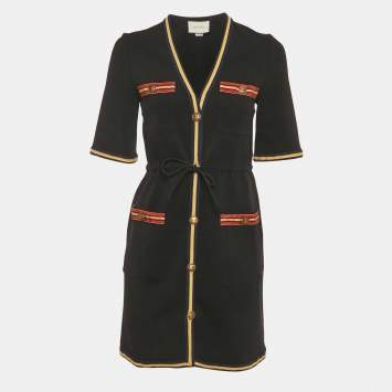Pre Owned Gucci Black Crepe Stripe Trim Detail Mini Dress XS  