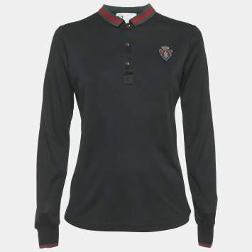 Pre Owned Gucci Equestrian Black Logo Applique Jersey Long Sleeve Polo T-Shirt S