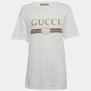 Pre Owned Gucci White Logo Print Cotton Distressed T-Shirt XXS  
