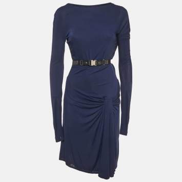 Pre Owned Gucci Navy Blue Jersey Belt Detail Knee-Length Dress M