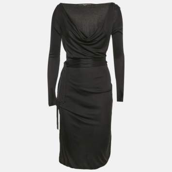 Pre Owned Gucci Black Jersey Cowl Neck Belted Short Dress M 