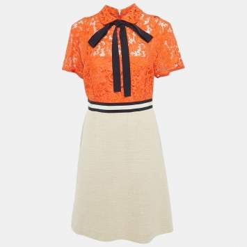 Pre Owned Gucci Orange/Cream Lace &Tweed Neck Tie Detail Short Dress M