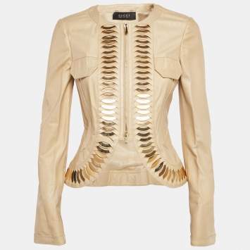 Pre Owned Gucci Gold Shimmer Embellished Leather Zip Up Jacket S