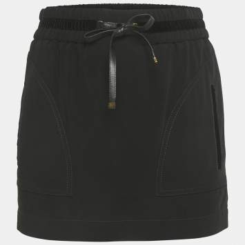 Pre Owned Gucci Black Crepe Velvet Trim Drawstring Mini Skirt S 