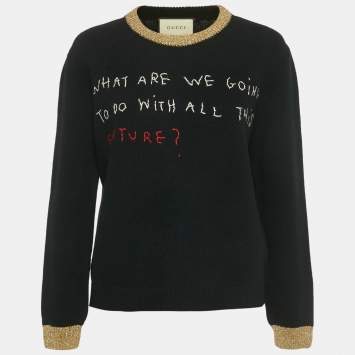 Pre Owned Gucci Black Embroidered Lurex Trim Wool Knit Sweater L