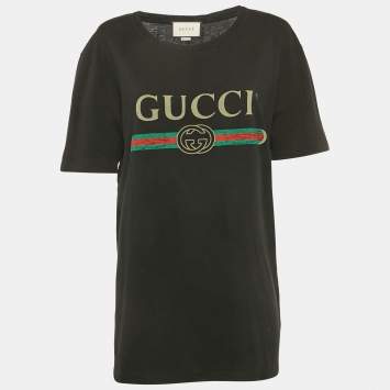 Pre Owned Gucci Black Vintage Logo Print Jersey Distressed T-Shirt M