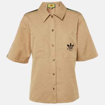 Pre Owned Gucci X Adidas Beige GG Trefoil Jacquard Button Front Shirt L