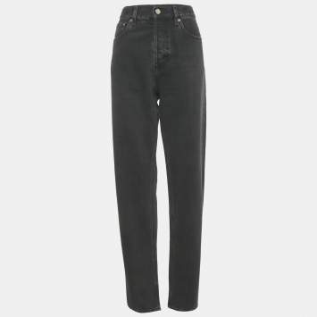 مملوكة مسبقًا بنطلون جينز غوتشي أزرق داكن بتفاصيل قوس قزح بحافة خام خصر 27 إنش مقاس صغير