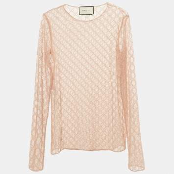 Pre Owned Gucci Pink GG Embroidered Tulle Long Sleeve Sheer Top S