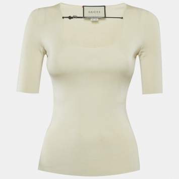 Pre Owned Gucci Beige Leather Trim Stretch Knit Top XS