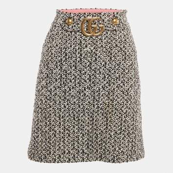 Pre Owned Gucci Black/White Tweed GG Logo Metal Detail Mini Skirt S