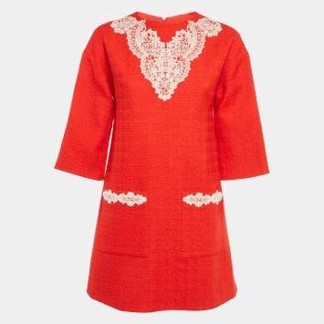 Pre Owned Gucci Red Lace Trim Tweed Shift Dress S
