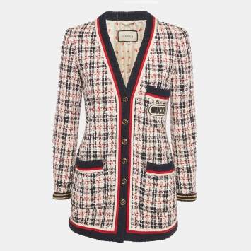 Pre Owned Gucci Blue Logo Patch Tweed Long Jacket S