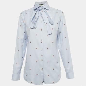 Pre Owned Gucci Blue Strawberry Embroidered Cotton Shirt S
