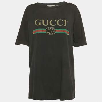 Pre Owned Gucci Black Vintage Print Jersey Distressed T-Shirt M