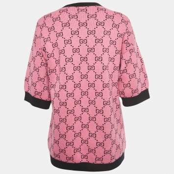 Pre Owned Gucci Pink GG Jacquard Wool Short Sleeve Pullover XXS