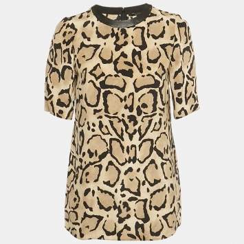 Pre Owned Gucci Brown Animal Print Silk Leather Collar Blouse S 