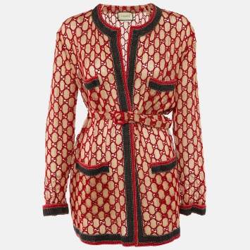 Pre Owned Gucci Red GG Macrame Open Front Belted Jacket S/M