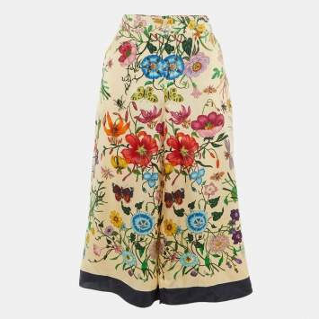 Pre Owned Gucci Beige Floral Print Silk Culottes M