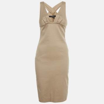 Pre Owned Gucci Beige Patterned Cotton Plunge Neck Midi Dress S  