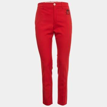 Pre Owned Gucci Red Lady Bug Embroidered Wool Trousers M