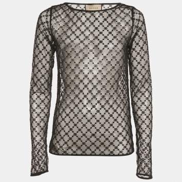 مملوكة مسبقًا توب غوتشي أسود GG ونجوم مطرز تول شفاف صغير