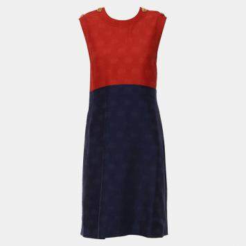 Pre Owned Gucci Blue/Red  Silk Wool Textured Two Tone Sleeveless Dress