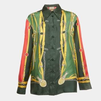 مملوكة مسبقًا قميص عوتشي حريري أخضر/أحمر بطبعة بأكمام طويلة مقاس وسط (ميديوم)