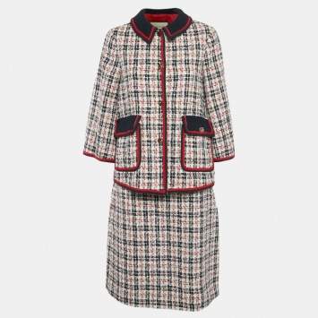 Pre Owned طقم جاكيت وتنورة غوتشي تويد أزرق كحلي/أبيض مقاس متوسط/كبير - ميديوم/لارج