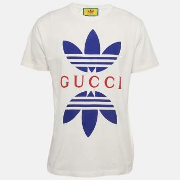 مملوكة مسبقًا Gucci X Adidas White Logo Print Cotton Crew Neck T-Shirt S