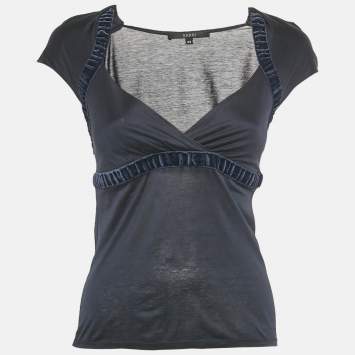 Pre Owned Gucci Navy Blue Cotton Short Sleeve Top XS