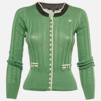 Pre Owned Gucci Green Linen Blend Knit Long Sleeve Cardigan XS