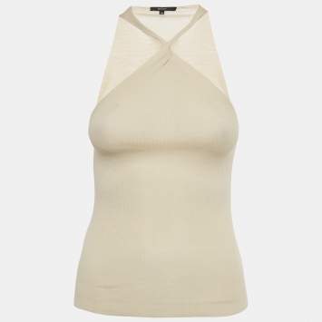 Pre Owned Gucci Beige Rib Knit Twisted Neck Top XS