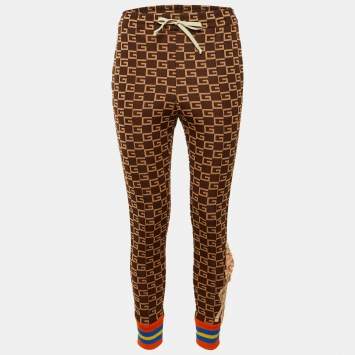مملوكة مسبقًا Gucci Brown Monogram Knit Side Stripe & Applique Detail Joggers S