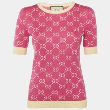 Pre Owned كنزة غوتشي محبوكة بجاكارد GG باللون الوردي مع ياقة دائرية مقاس صغير