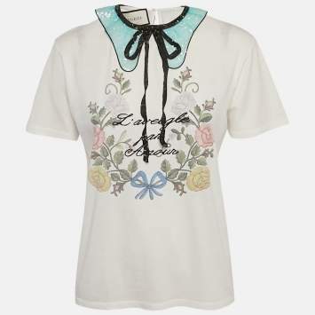 مملوكة مسبقًا Gucci White Floral Print Jersey Sequin Collar Top M