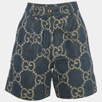 Pre Owned Gucci Blue Jumbo GG Jacquard Denim Pleated Shorts XS/Waist 24"