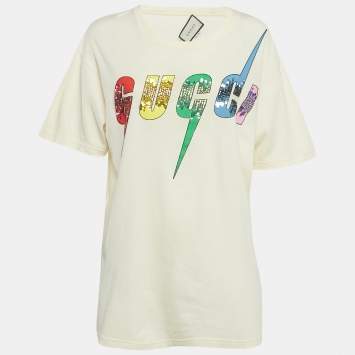 مملوكة مسبقًا Gucci Cream Embellished Logo Jersey Oversized T-Shirt S