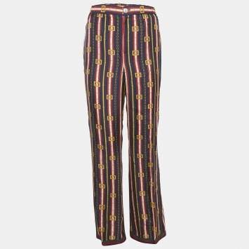 مملوكة مسبقًا بنطلون غوتشي حرير مخطط أزرق/أحمر تفاصيل ويب مقاس وسط (ميديم)