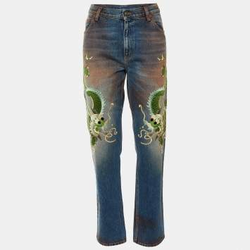 مملوكة مسبقًا Gucci Blue Denim Dragon Appliquéd Boyfriend Jeans M/Waist 34"