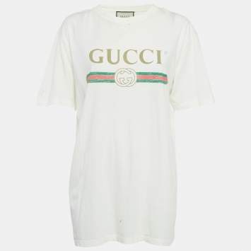 Pre Owned Gucci White Print Cotton Distressed T-Shirt M