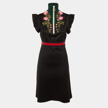 مملوكة مسبقًا Gucci Black Floral Embroidered Technical Jersey Turtle Neck Dress M