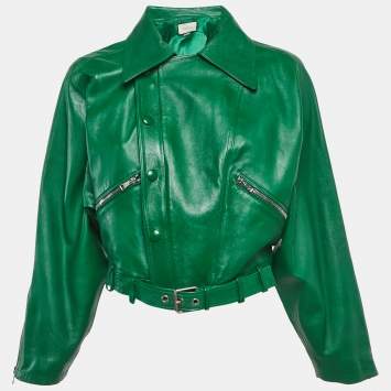 Pre Owned Gucci Green Shiny Leather Belted Blouson M
