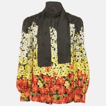 Pre Owned Gucci Multicolour Floral Print Silk Tie Neck Long Sleeve Blouse M