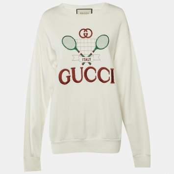 Pre Owned Gucci Off-White Cotton Tennis Embroidered Crew Neck Sweatshirt S